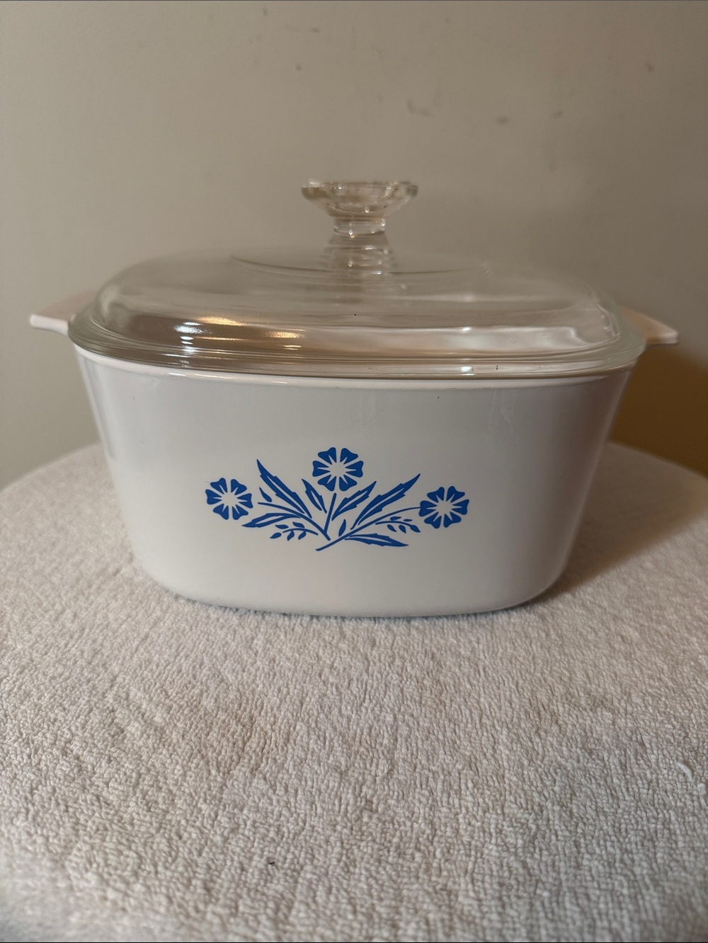 Corningware White Casserole with Blue Floral Pattern and Glass Lid